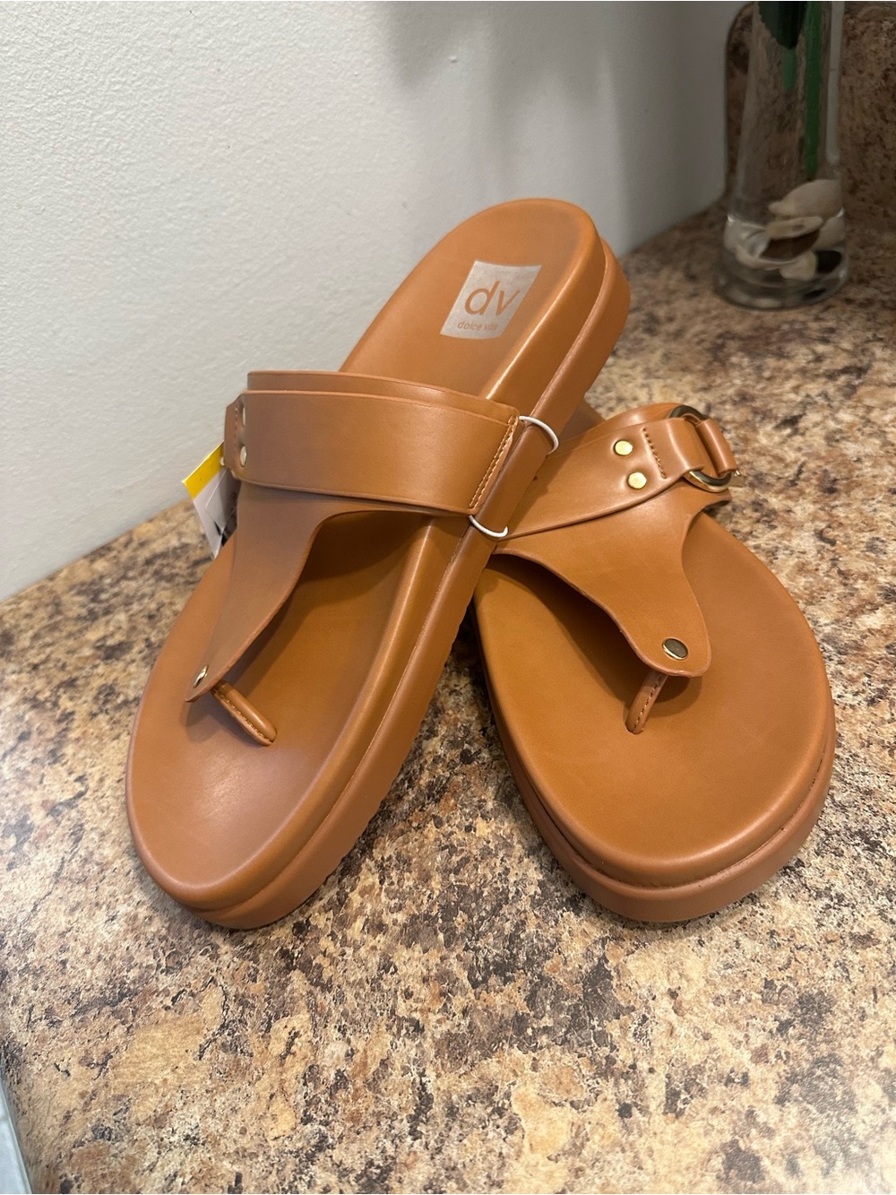 DV by Dolce Vita Cognac Leather Toe-Post Slide Sandals